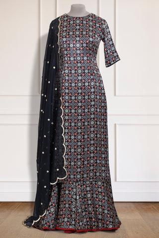 Black Ajrakh Kurta Gharara Set