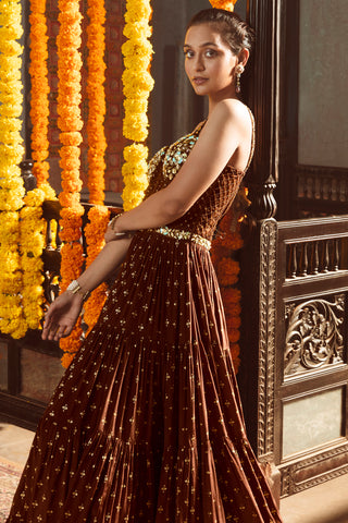 Brown Crepe Anarkali Set