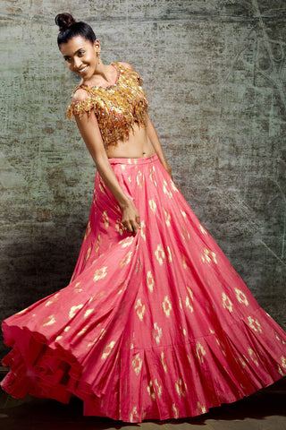 Coral Pink Pleated Lehenga Set