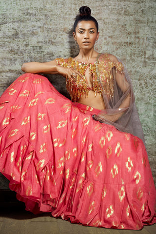 Coral Pink Pleated Lehenga Set