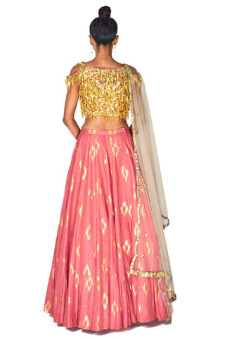 Coral Pink Pleated Lehenga Set