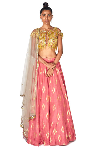 Coral Pink Pleated Lehenga Set
