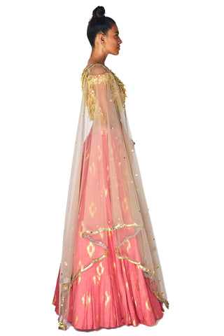 Coral Pink Pleated Lehenga Set