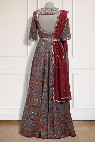 Maroon Ajrakh Anarkali Set