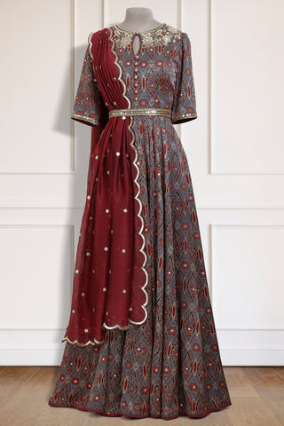 Maroon Ajrakh Anarkali Set