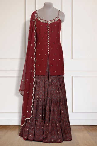 Maroon Ajrakh Kurta Gharara Set