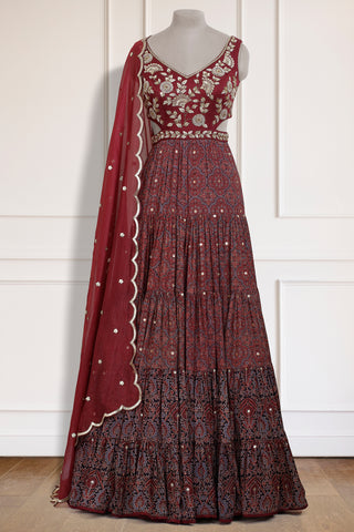Maroon Ajrakh Frill Anarkali Set
