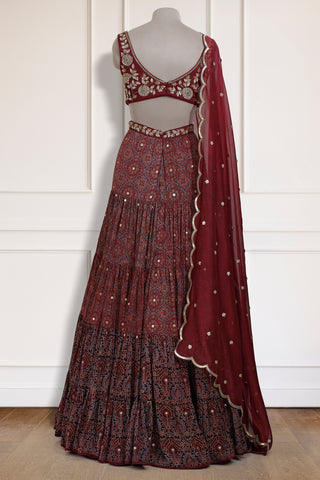 Maroon Ajrakh Frill Anarkali Set