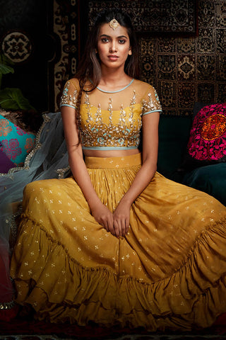 Mustard Frill Lehenga Choli Set