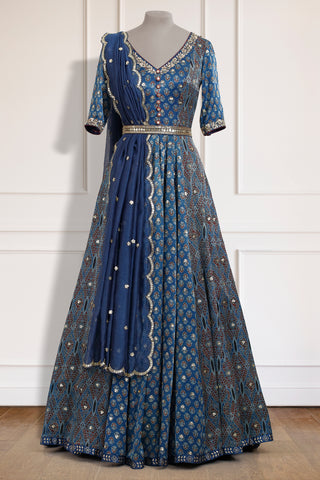 Blue Ajrakh Anarkali Set