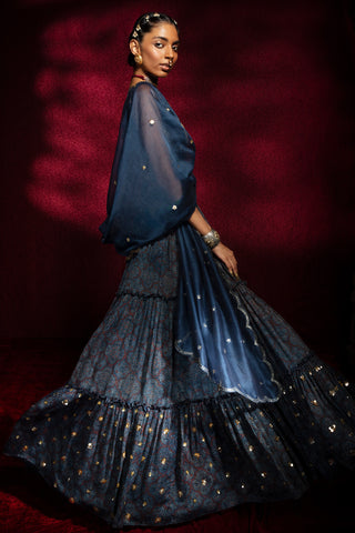Blue Ajrakh Frill Lehenga