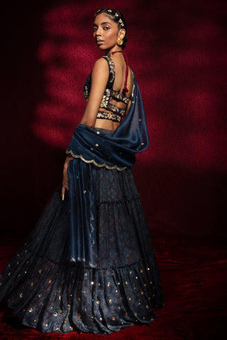 Blue Ajrakh Frill Lehenga