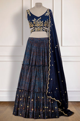 Blue Ajrakh Frill Lehenga