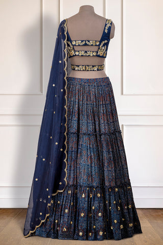 Blue Ajrakh Frill Lehenga
