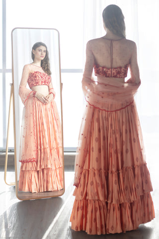 Peach & Red Frill Lehenga Set