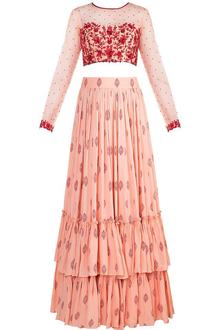 Peach & Red Frill Lehenga Set