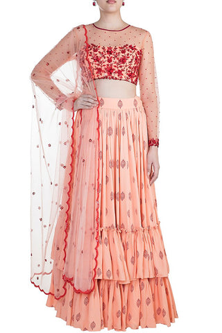 Peach & Red Frill Lehenga Set