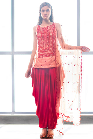 Peach & Red Kurta Dhoti Set