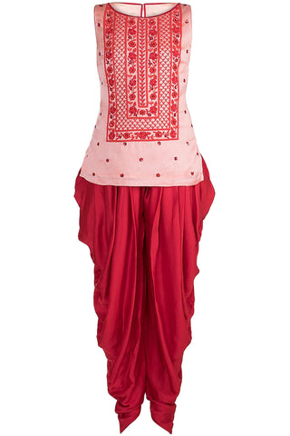 Peach & Red Kurta Dhoti Set