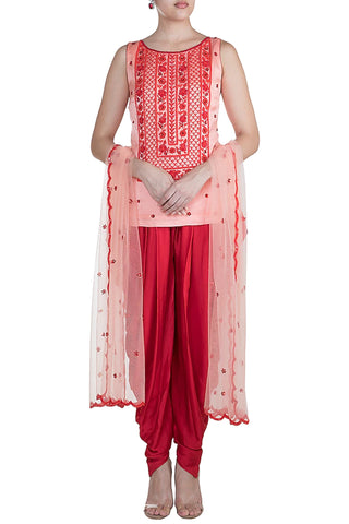 Peach & Red Kurta Dhoti Set