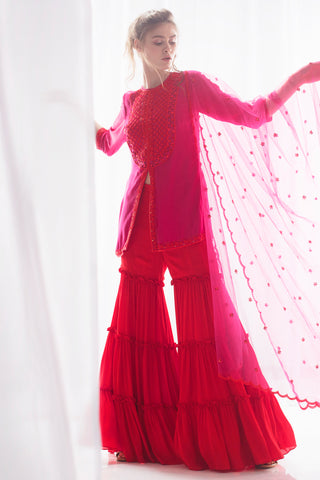 Pink & Red Kurta Gharara Set