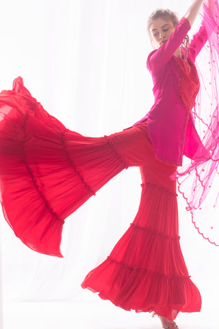 Pink & Red Kurta Gharara Set