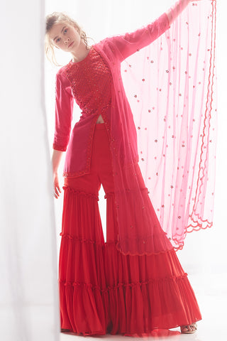 Pink & Red Kurta Gharara Set