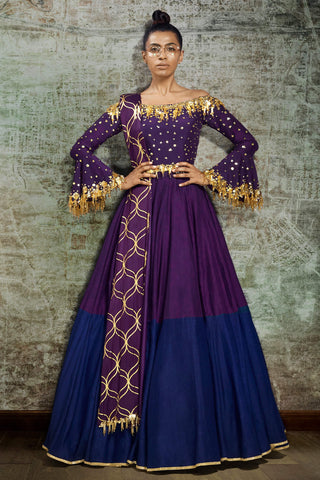 Purple & Navy Off Shoulder Anarkali Set