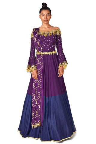Purple & Navy Off Shoulder Anarkali Set