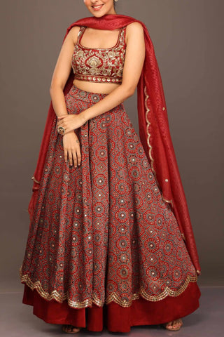 Red Ajrakh Layer Lehenga Set