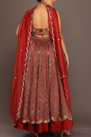 Red Ajrakh Layer Lehenga Set
