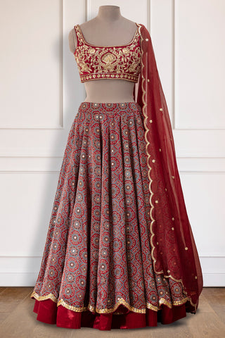 Red Ajrakh Layer Lehenga Set