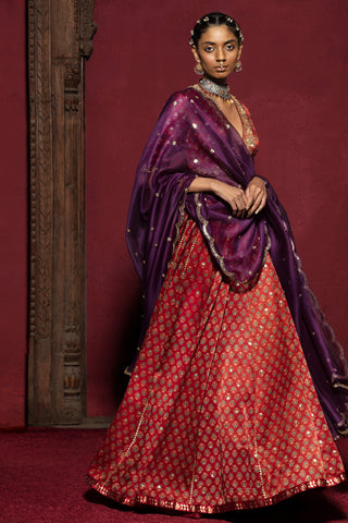 Red Ajrakh Lehenga Set