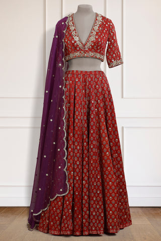Red Ajrakh Lehenga Set