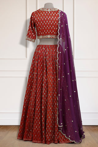Red Ajrakh Lehenga Set