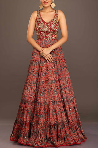 Red Ajrakh Frill Anarkali Set