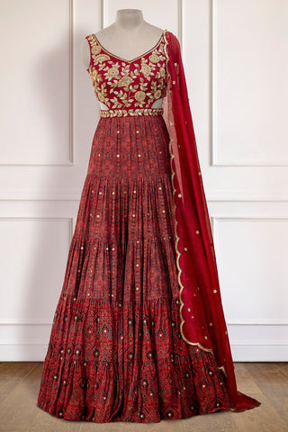 Red Ajrakh Frill Anarkali Set