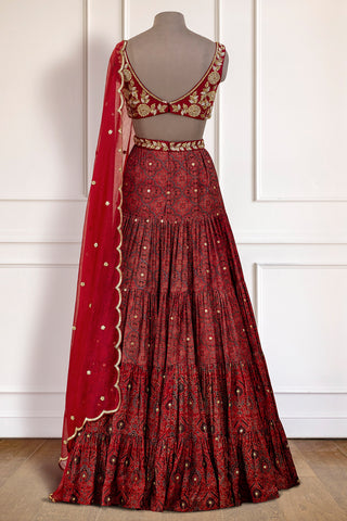 Red Ajrakh Frill Anarkali Set
