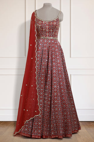 Red Ajrakh Strappy Anarkali Set