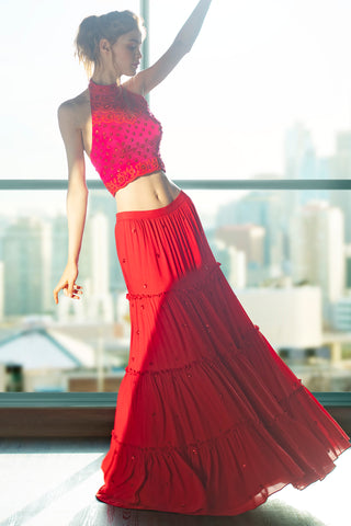 Red Halter Lehenga Set