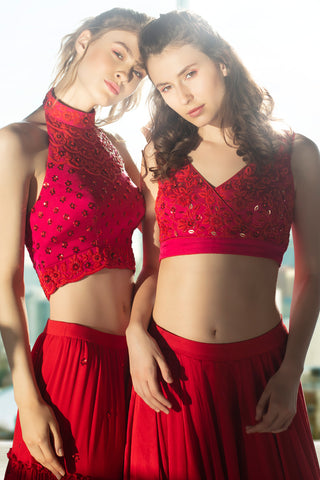 Red Halter Lehenga Set