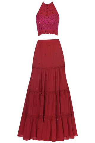 Red Halter Lehenga Set
