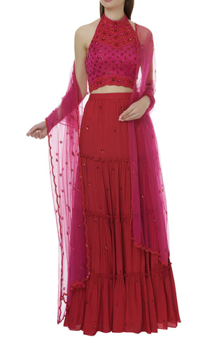 Red Halter Lehenga Set