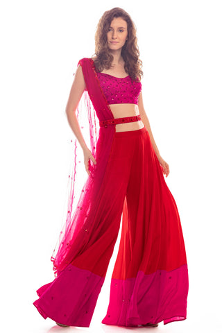 Red & Pink Blouse Palazzo Set