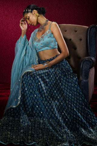 Teal Ajrakh Lehenga Set