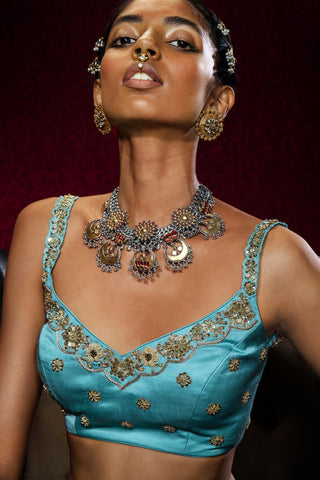 Teal Ajrakh Lehenga Set