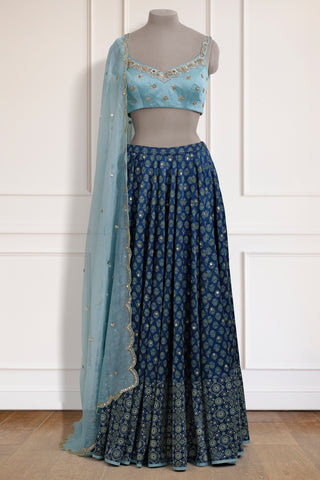 Teal Ajrakh Lehenga Set