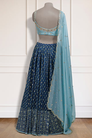 Teal Ajrakh Lehenga Set