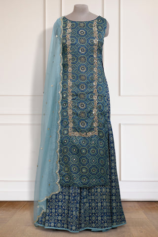 Teal Ajrakh Kurta Gharara Set