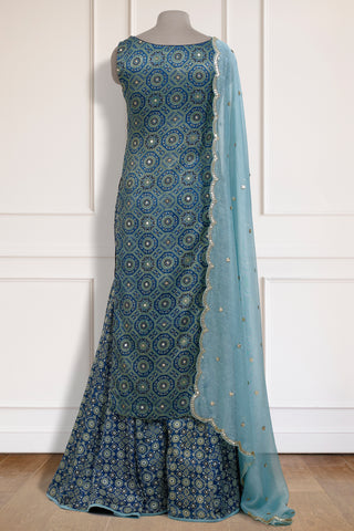 Teal Ajrakh Kurta Gharara Set